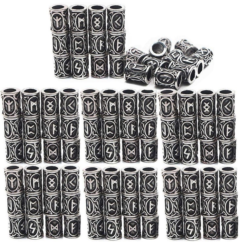 Warmshine 72 Pieces Norse Viking Rune Beads Hair Beard Pendant Antique DIY Bracelet Jewelry Pendants Necklace Braid Accessories Beard Beads for Men Braids Locs Viking Jewelry Enthusiasts, Silve - Image 1